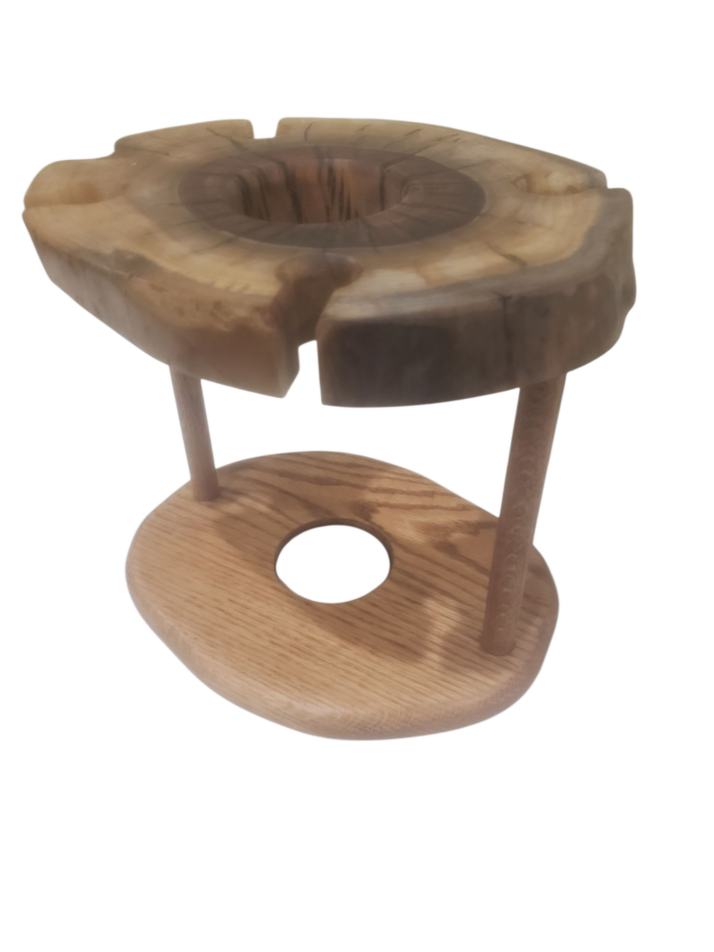 Live edge wine bottle and glass centerpiece.