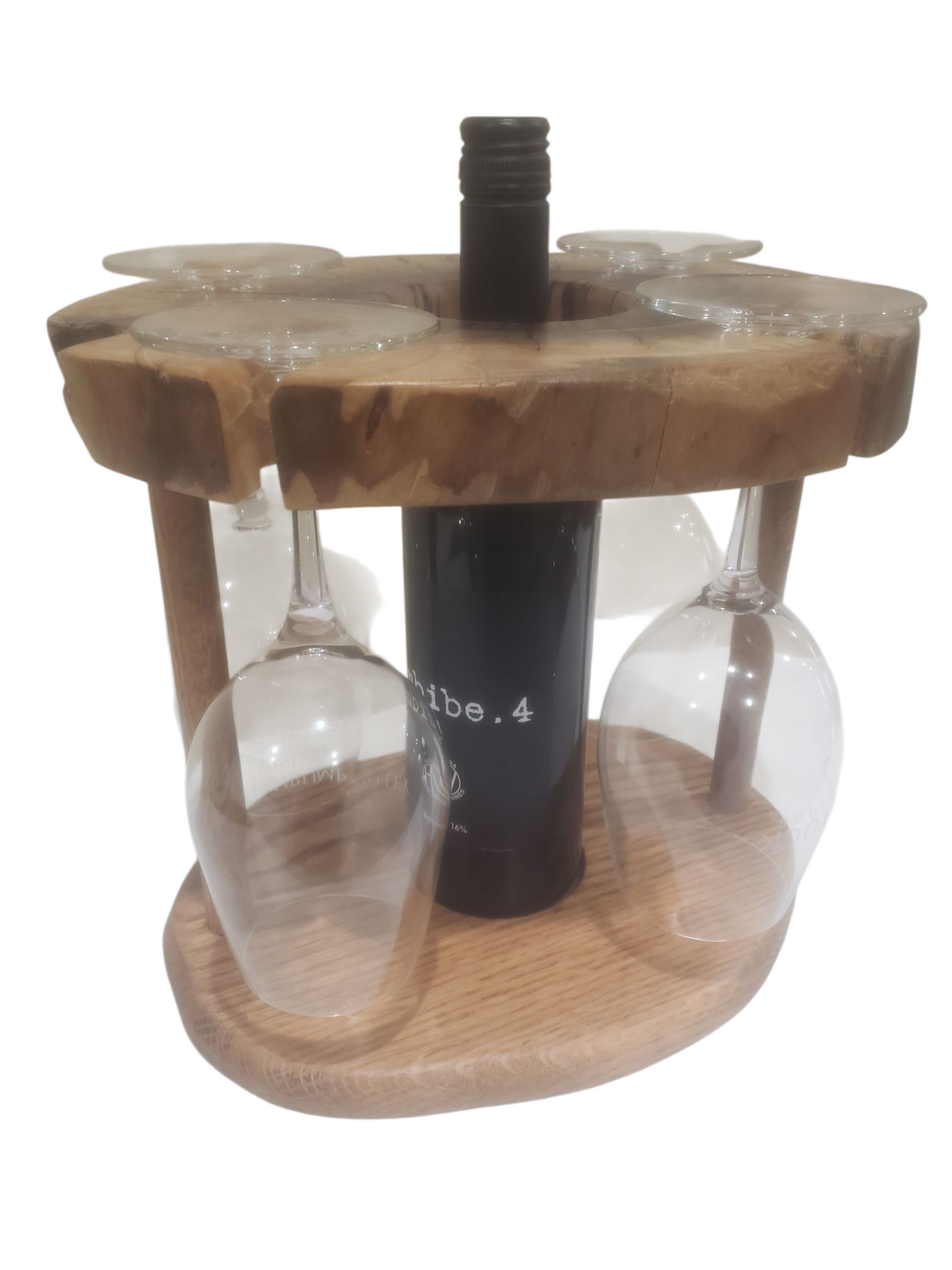 Live edge wine bottle and glass centerpiece.