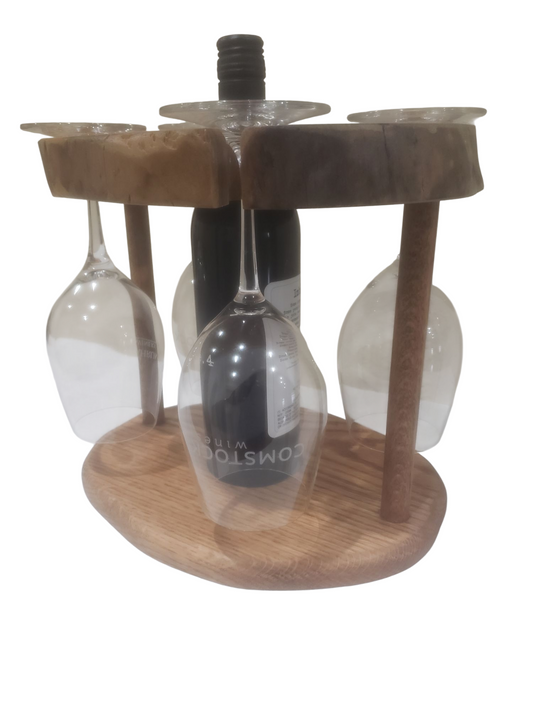 Live edge wine bottle and glass centerpiece.